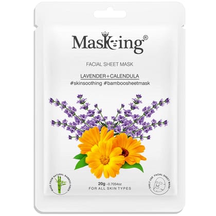 MasKing Bamboo Facial Sheet Mask of Lavender & Calendula for Skin Soothing Ideal for Women & Men, 20ml each (Pack of 2)