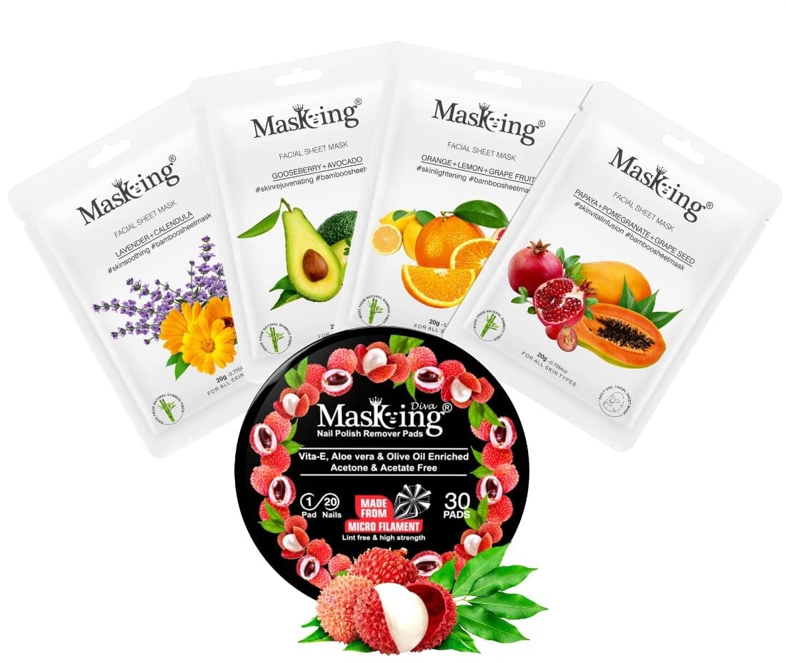 MasKing Bamboo Facial Sheet Mask For Lavender, Gooseberry, Orange & Papaya Ideal For Women & Men (Combo Pack of 4) | Diva Litchi Nail Polish Remover 30 Round Pads (Pack of 1)