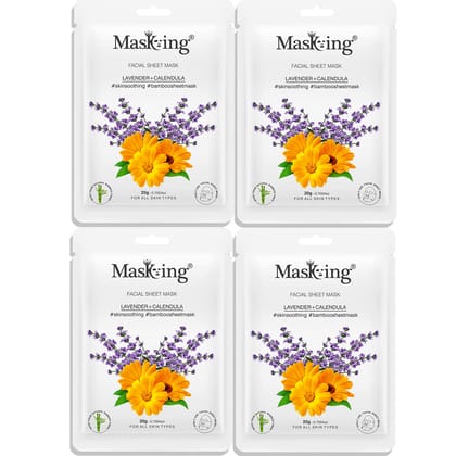 MasKing Bamboo Facial Sheet Mask of Lavender & Calendula for Skin Soothing Ideal for Women & Men, 20ml each (Pack of 4)