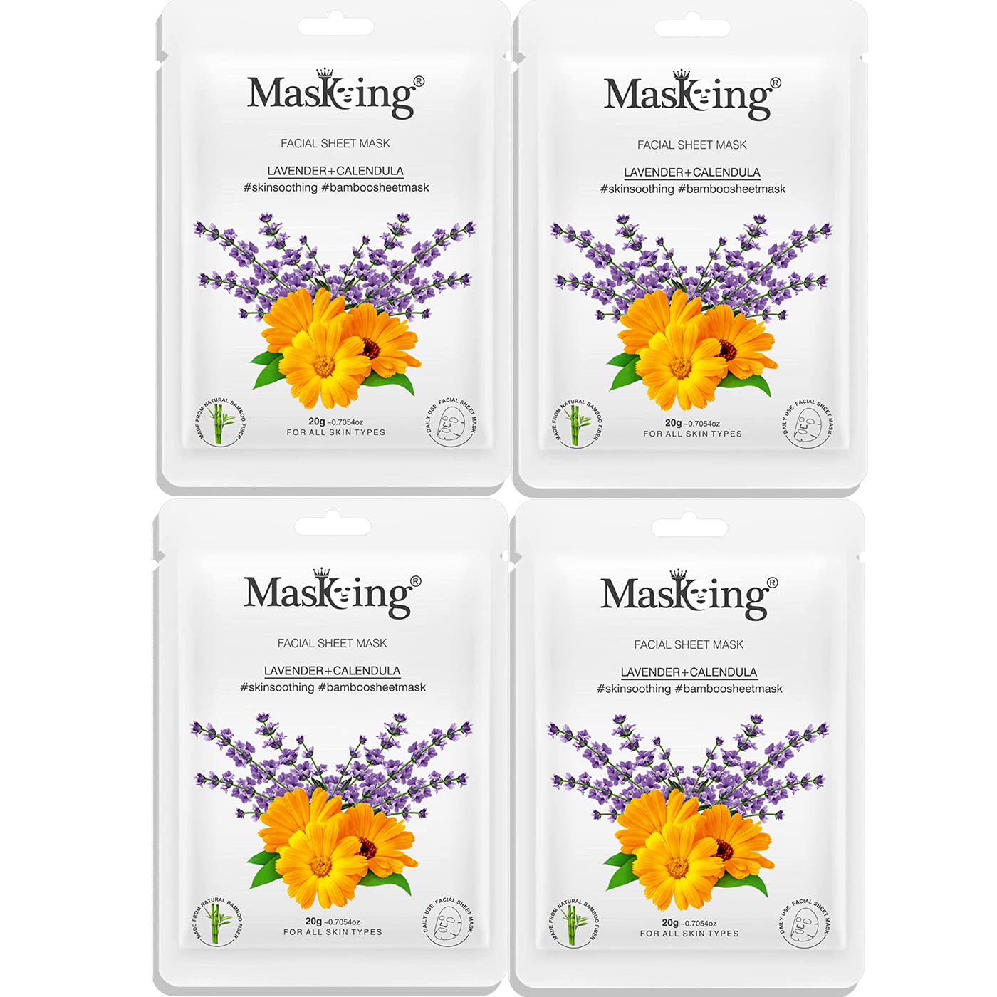 MasKing Bamboo Facial Sheet Mask of Lavender & Calendula for Skin Soothing Ideal for Women & Men, 20ml each (Pack of 4)