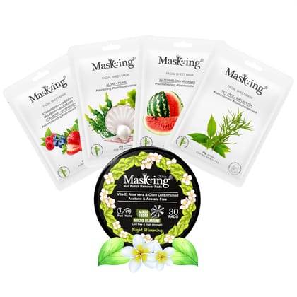 MasKing Bamboo Facial Sheet Mask For Strawberry, Algae, Watermelon & Tea Tree Ideal For Women & Men (Combo Pack of 4) | Diva Night Blooming Nail Polish Remover 30 Round Pads (Pack of 1) MasKing Bamboo Facial Sheet Mask For Strawberry, Algae, Watermelon & Tea Tree Ideal For Women & Men (Combo Pack of 4) | Diva Night Blooming Nail Polish Remover 30 Round Pads (Pack of 1)