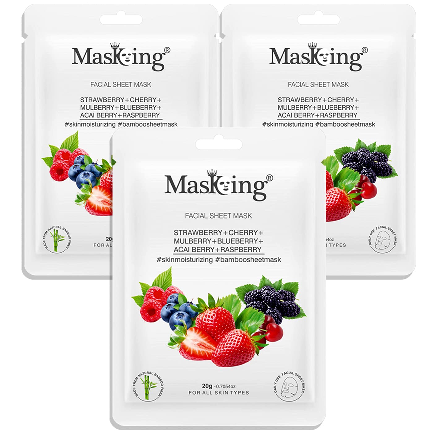 MasKing Bamboo Facial Sheet Mask of Strawberry, Cherry, Mulberry, Blueberry, Acai Berry & Raspberry for Skin Moisturizing Ideal for Women & Men, 20ml each (Pack of 3)