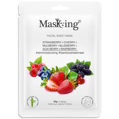 MasKing Bamboo Facial Sheet Mask of Strawberry, Cherry, Mulberry, Blueberry, Acai Berry & Raspberry for Skin Moisturizing Ideal for Women & Men, 20ml each (Pack of 5)