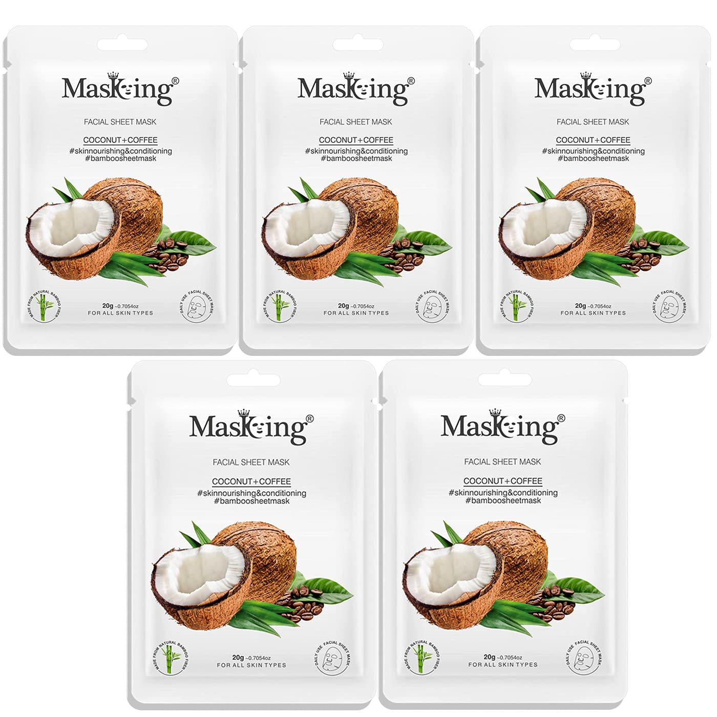 MasKing Bamboo Facial Sheet Mask of Coconut & Coffee for Skin Nourishing & Conditioning Ideal for Women & Men, 20ml each (Pack of 5)