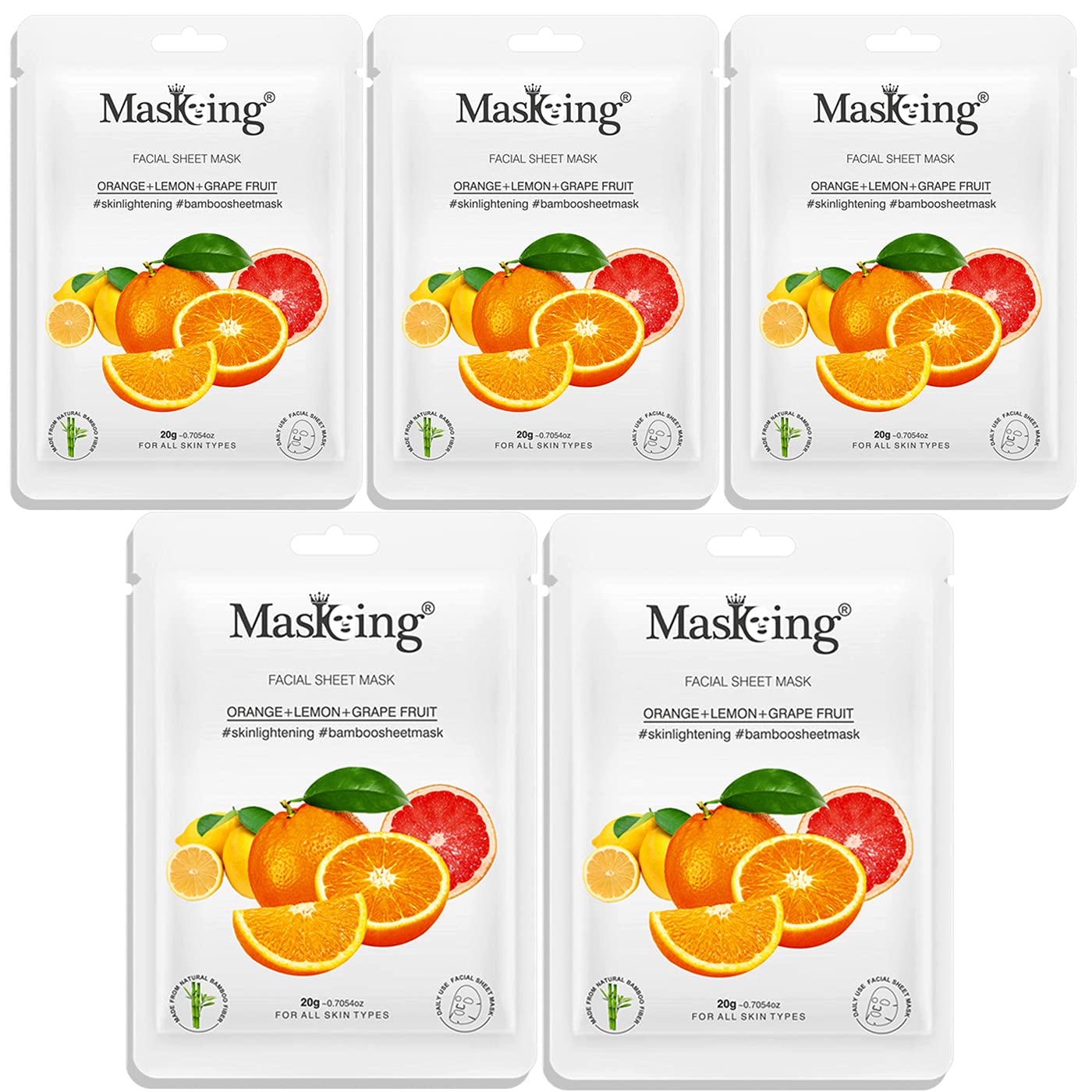 MasKing Bamboo Facial Sheet Mask of Orange, Lemon & Grapefruit for Skin Lightening Ideal for Women & Men, 20ml each (Pack of 5)