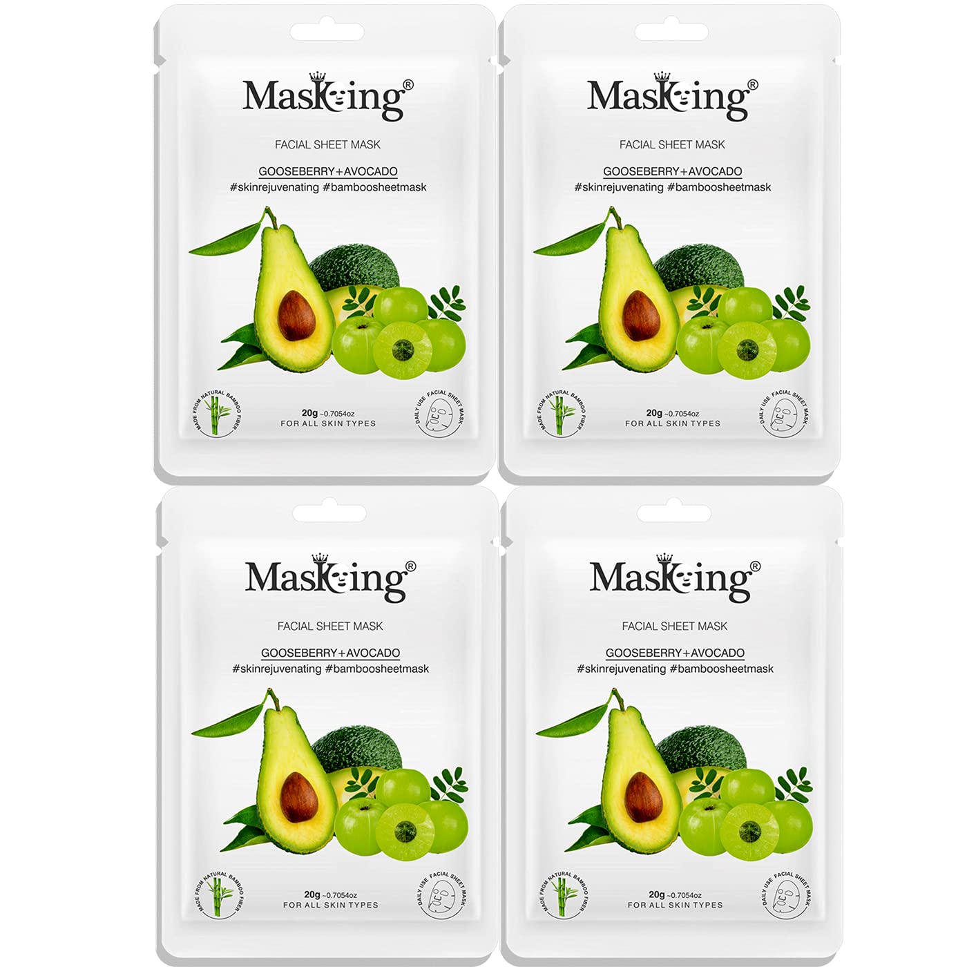 MasKing Bamboo Facial Sheet Mask of Gooseberry & Avocado for Skin Rejuvenating Ideal for Women & Men, 20ml each (Pack of 4)
