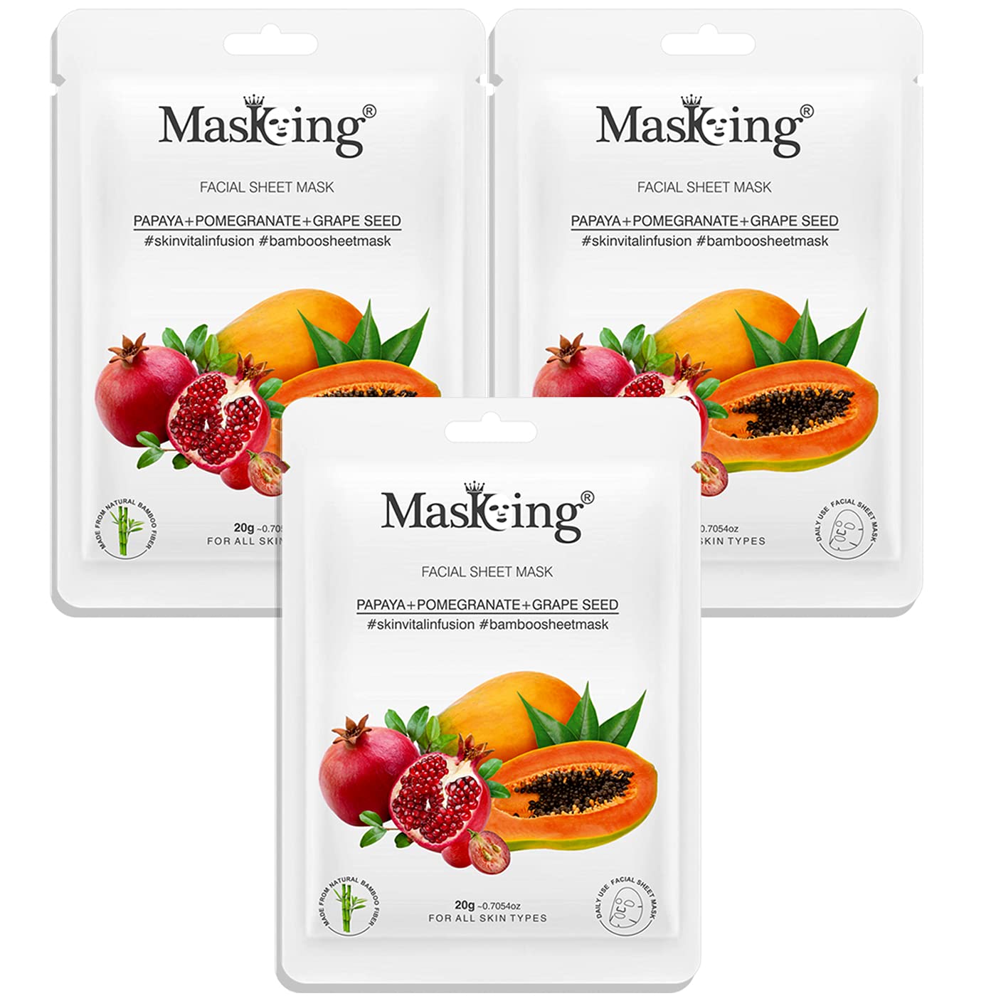 MasKing Bamboo Facial Sheet Mask of Papaya, Pomegranate & Grape Seed for Skin Vital Infusion Ideal for Women & Men, 20ml each (Pack of 3)