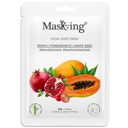 MasKing Bamboo Facial Sheet Mask of Papaya, Pomegranate & Grape Seed for Skin Vital Infusion Ideal for Women & Men, 20ml each (Pack of 5) MasKing Bamboo Facial Sheet Mask of Papaya, Pomegranate & Grape Seed for Skin Vital Infusion Ideal for Women & Men, 20ml each (Pack of 5)