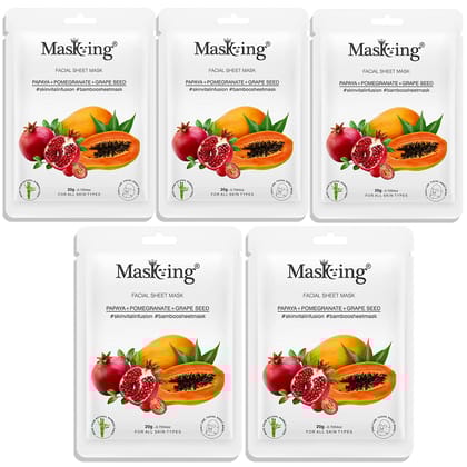 MasKing Bamboo Facial Sheet Mask of Papaya, Pomegranate & Grape Seed for Skin Vital Infusion Ideal for Women & Men, 20ml each (Pack of 5)