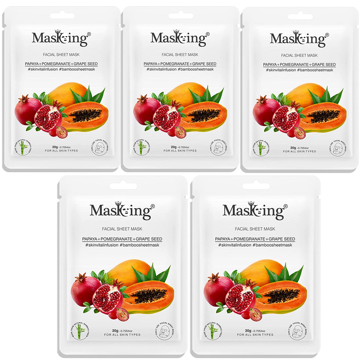 MasKing Bamboo Facial Sheet Mask of Papaya, Pomegranate & Grape Seed for Skin Vital Infusion Ideal for Women & Men, 20ml each (Pack of 5)