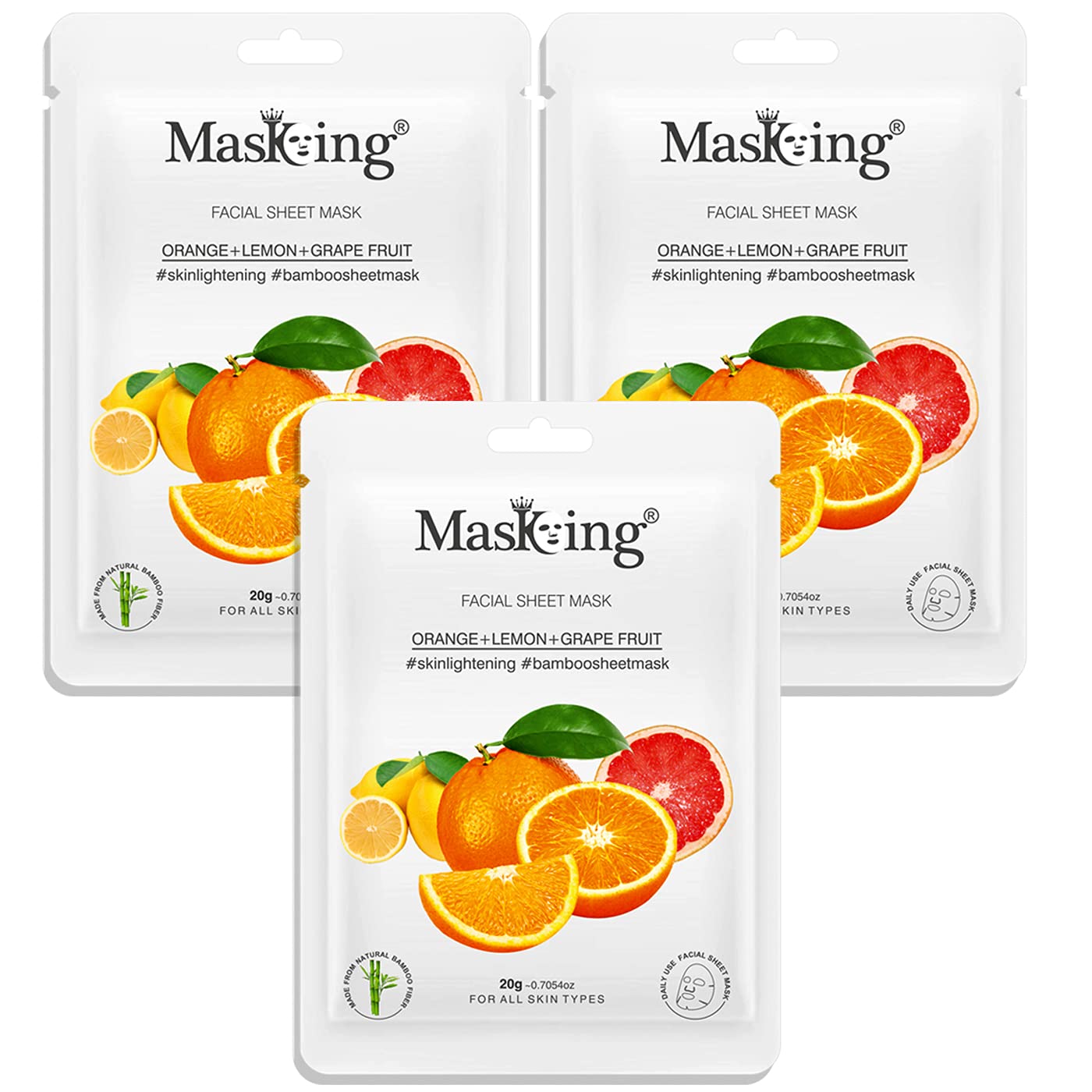 MasKing Bamboo Facial Sheet Mask of Orange, Lemon & Grapefruit for Skin Lightening Ideal for Women & Men, 20ml each (Pack of 3)