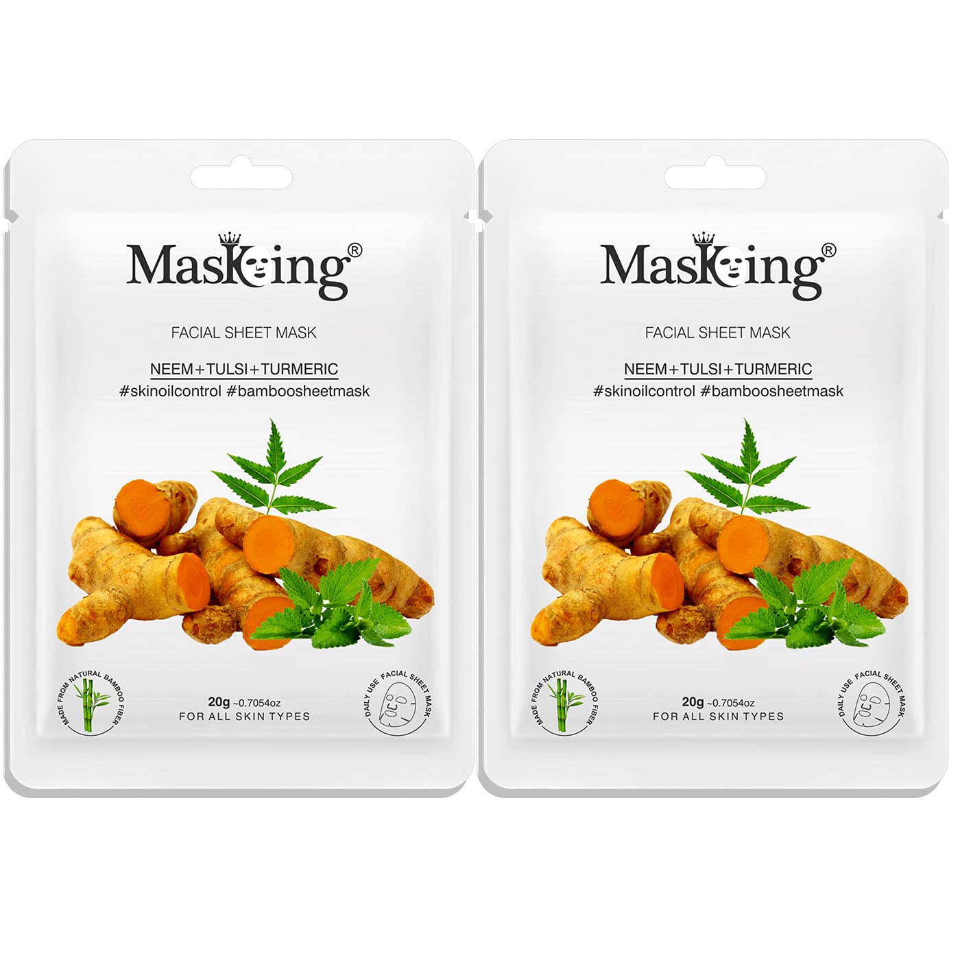 MasKing Bamboo Facial Sheet Mask of Neem, Tulsi & Turmeric for Skin Oil Control Ideal for Women & Men, 20ml each (Pack of 2)