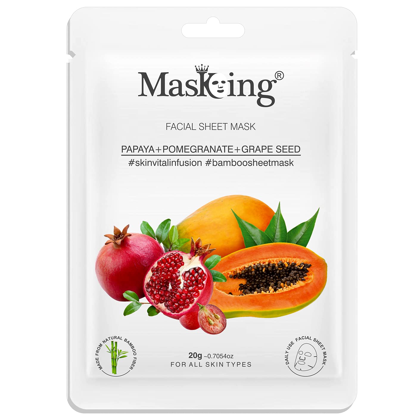 MasKing Bamboo Facial Sheet Mask of Papaya, Pomegranate & Grape Seed for Skin Vital Infusion Ideal for Women & Men 20ml, (Pack of 1)