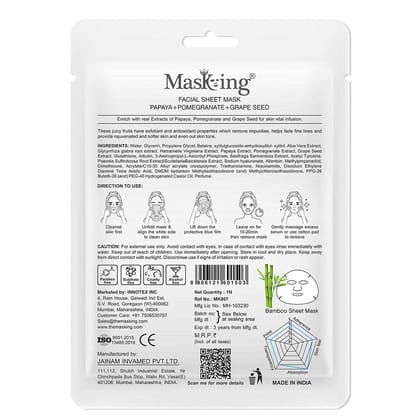 MasKing Bamboo Facial Sheet Mask of Papaya, Pomegranate & Grape Seed for Skin Vital Infusion Ideal for Women & Men 20ml, (Pack of 1)