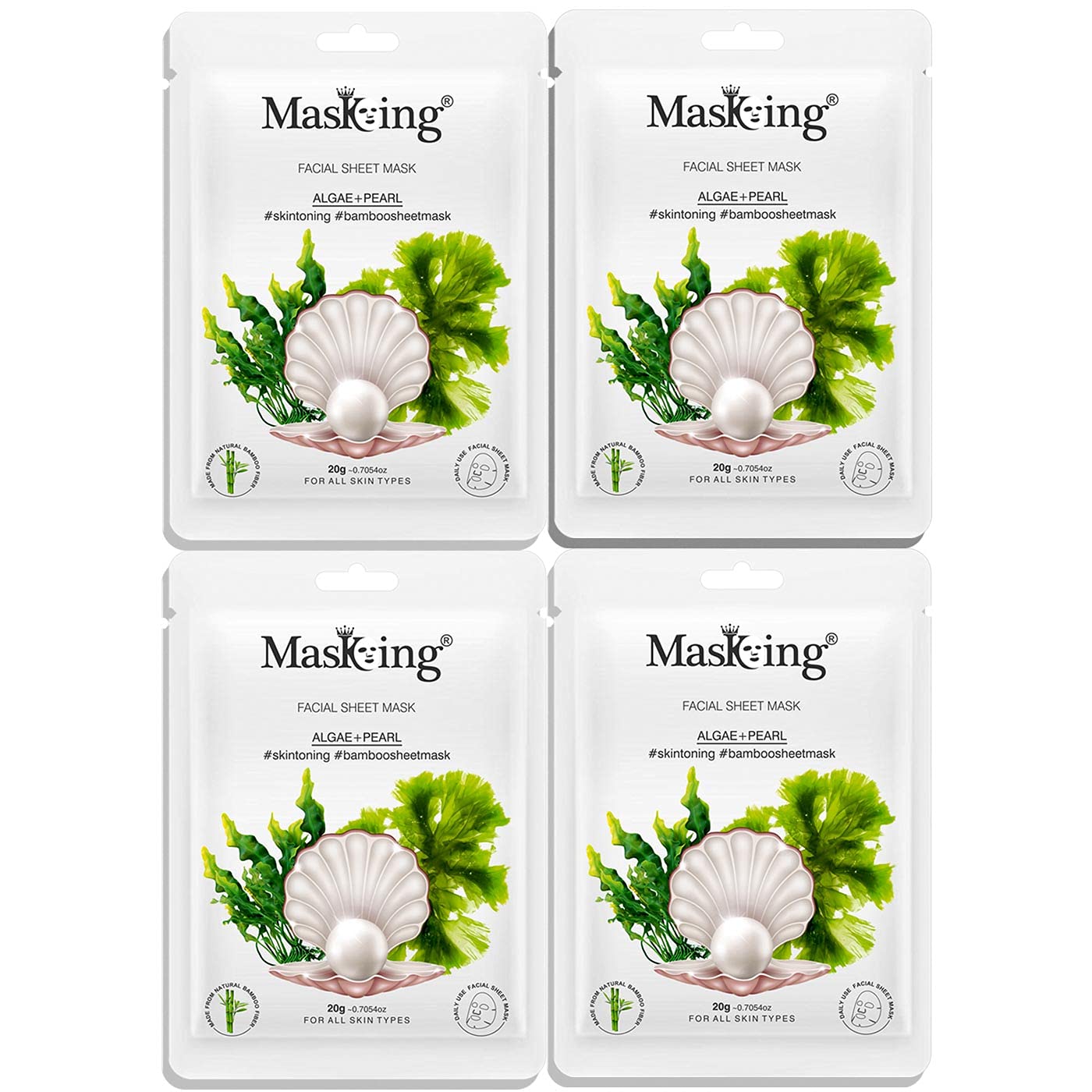 MasKing Bamboo Facial Sheet Mask of Algae & Pearl for Skin Toning Ideal for Women & Men, 20ml each (Pack of 4)