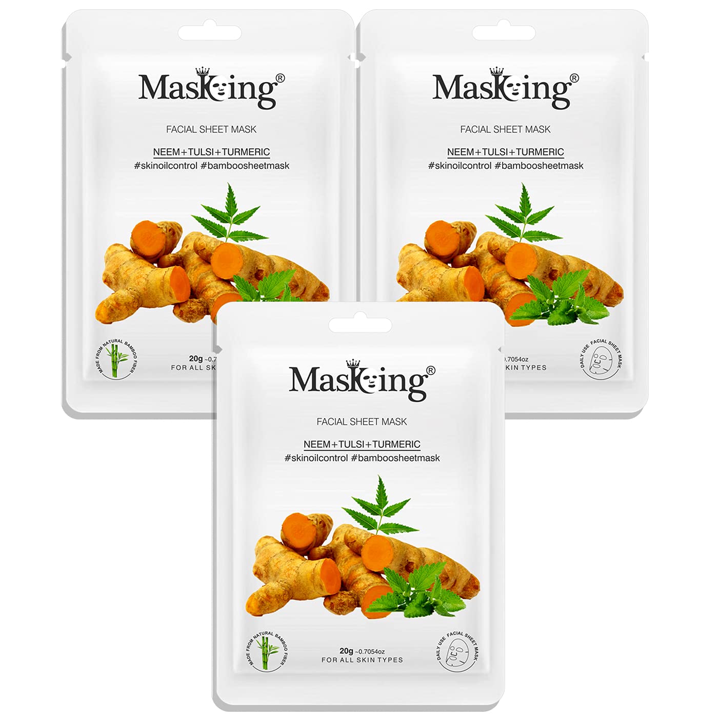 MasKing Bamboo Facial Sheet Mask of Neem, Tulsi & Turmeric for Skin Oil Control Ideal for Women & Men, 20ml each (Pack of 3)