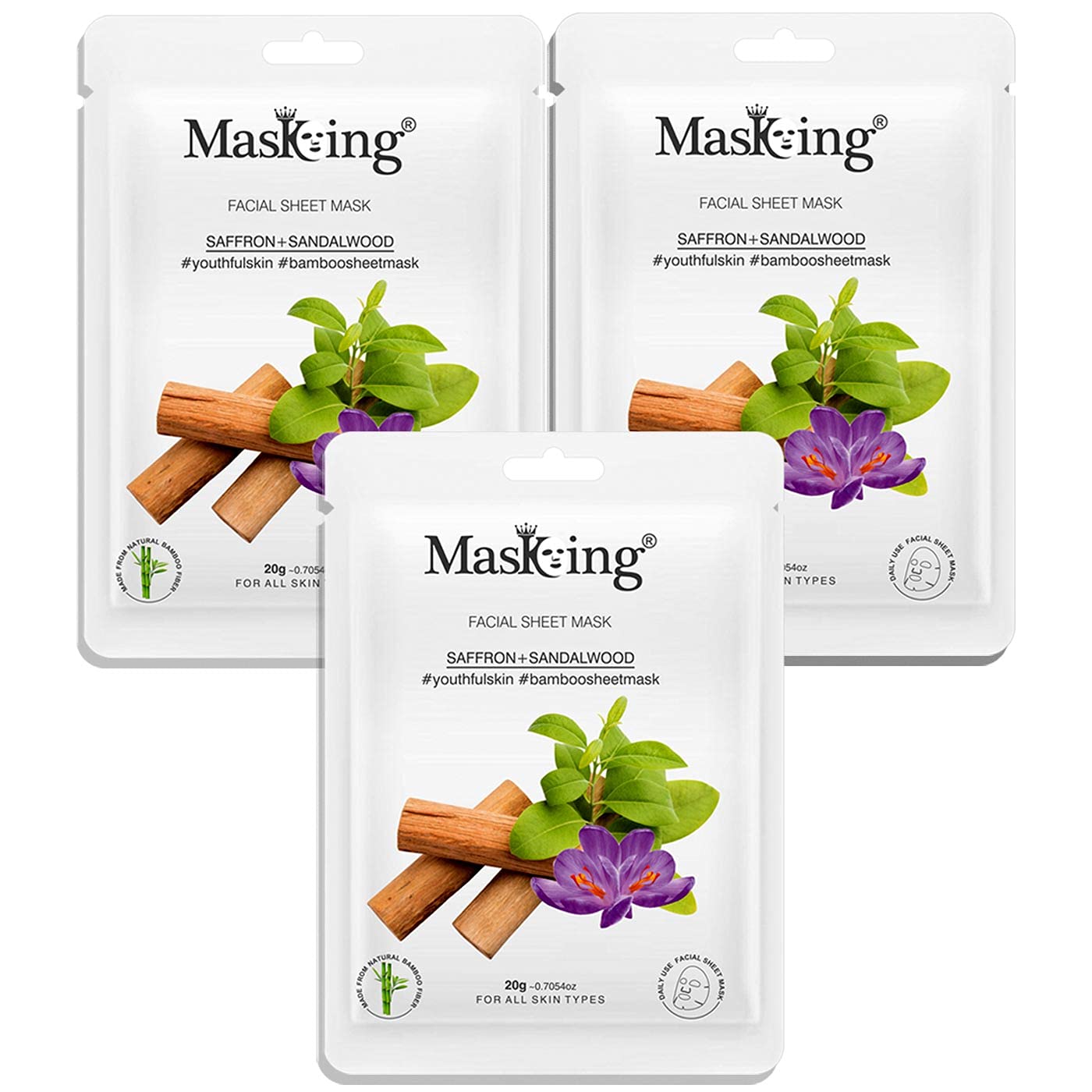MasKing Bamboo Facial Sheet Mask of Saffron & Sandalwood for Youthful Skin Ideal for Women & Men, 20ml each (Pack of 3)