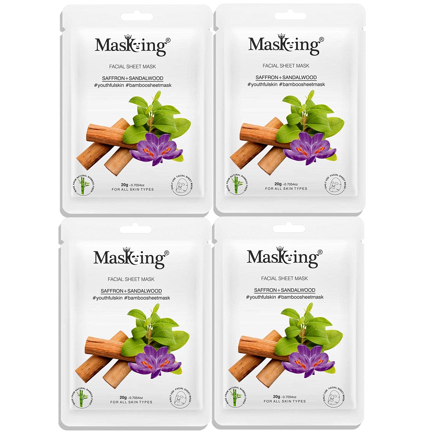 MasKing Bamboo Facial Sheet Mask of Saffron & Sandalwood for Youthful Skin Ideal for Women & Men, 20ml each (Pack of 4)