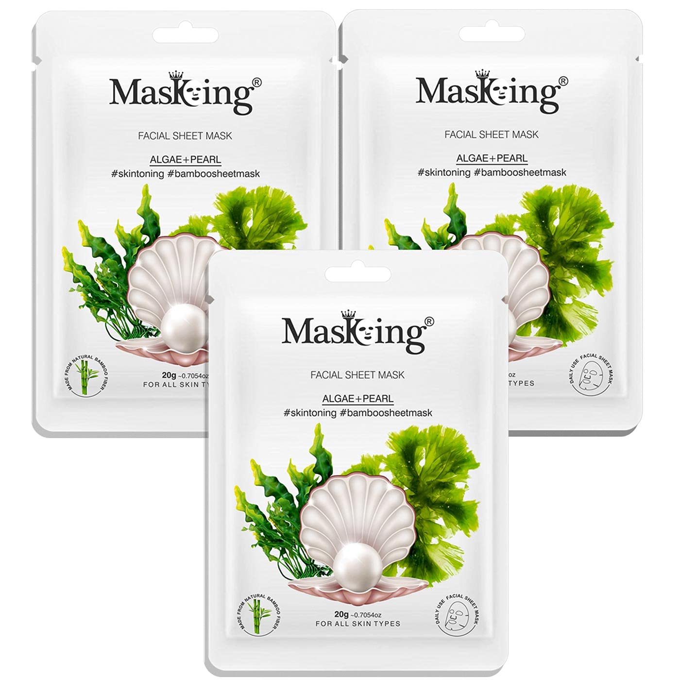 MasKing Bamboo Facial Sheet Mask of Algae & Pearl for Skin Toning Ideal for Women & Men, 20ml each (Pack of 3)