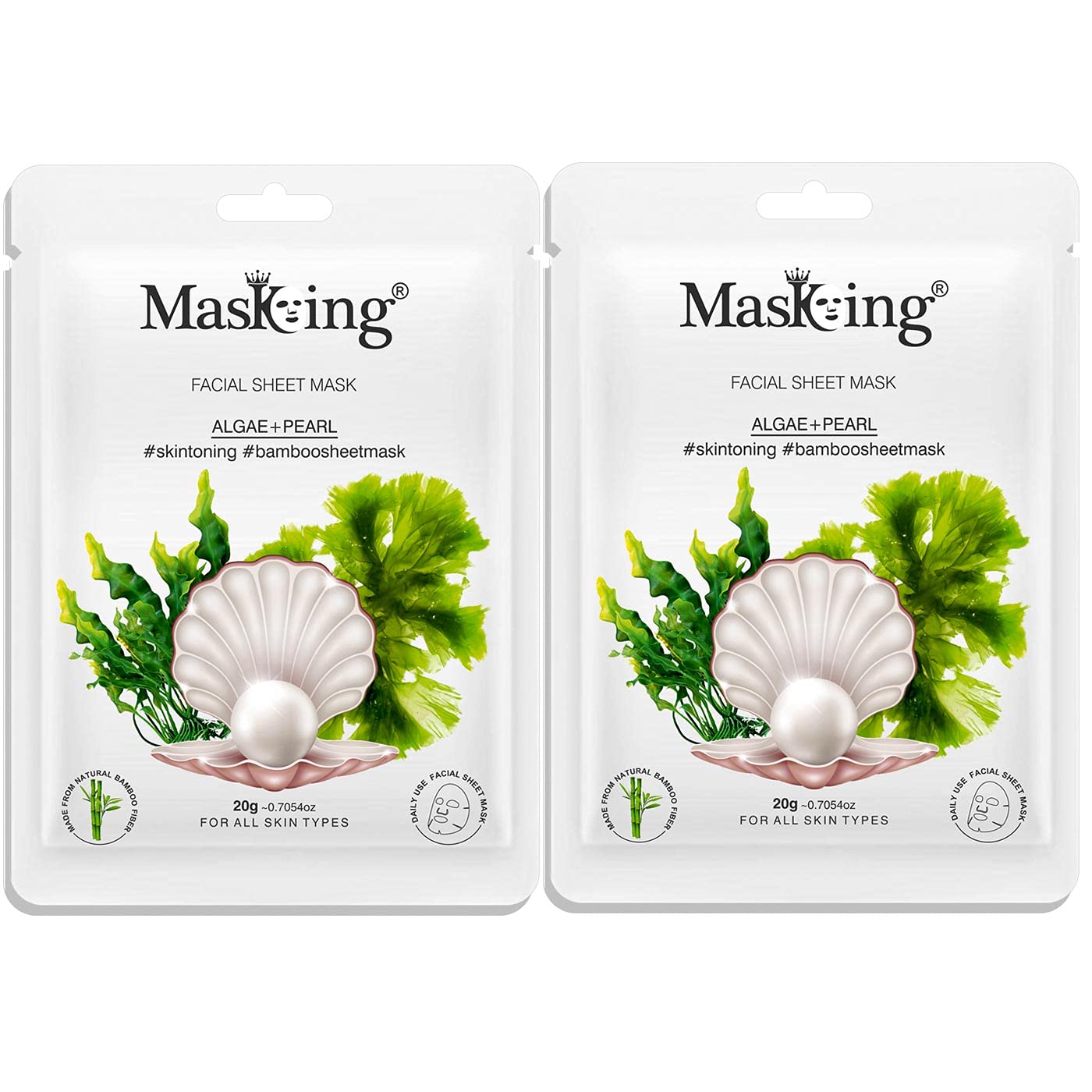 MasKing Bamboo Facial Sheet Mask of Algae & Pearl for Skin Toning Ideal for Women & Men, 20ml each (Pack of 2)