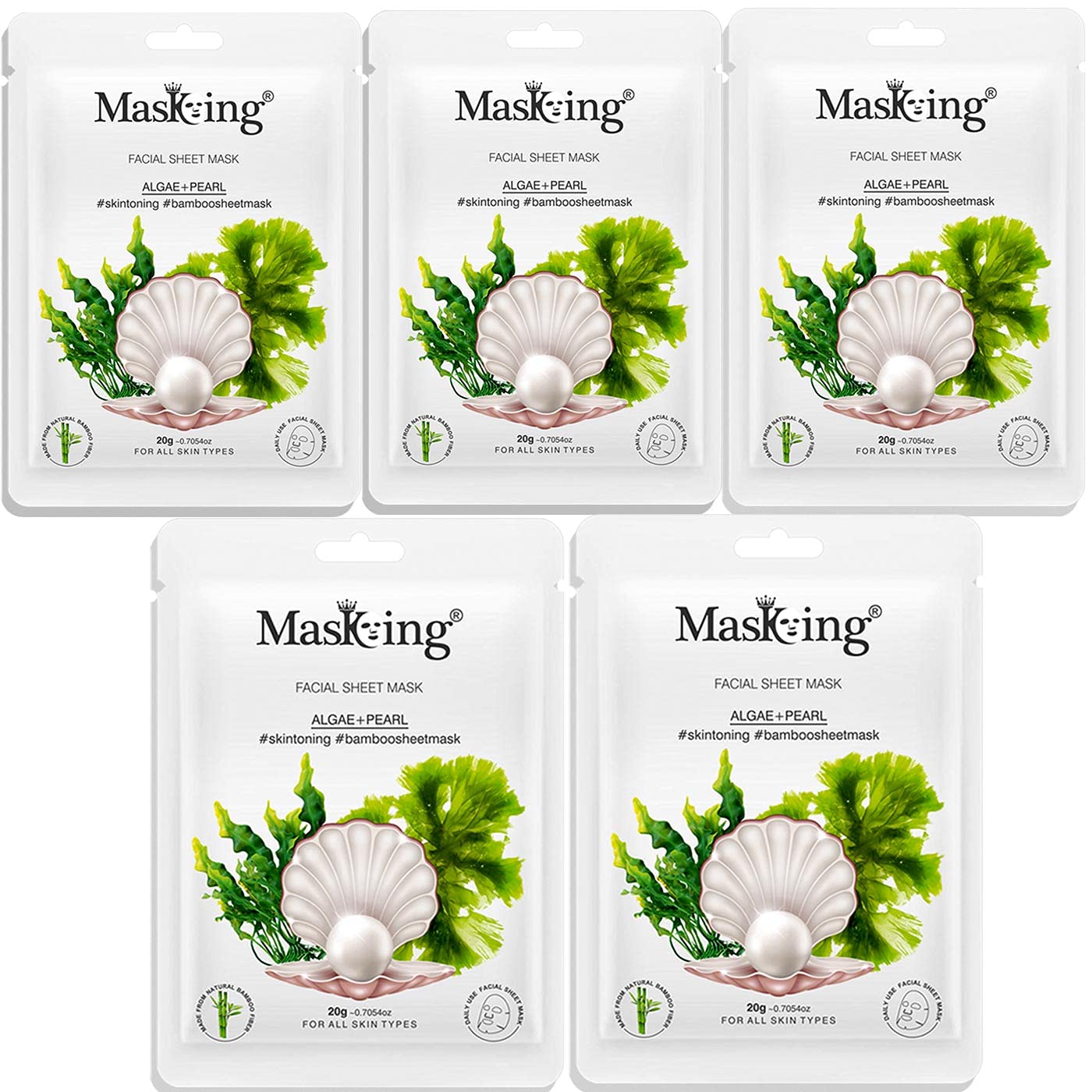 MasKing Bamboo Facial Sheet Mask of Algae & Pearl for Skin Toning Ideal for Women & Men, 20ml each (Pack of 5)