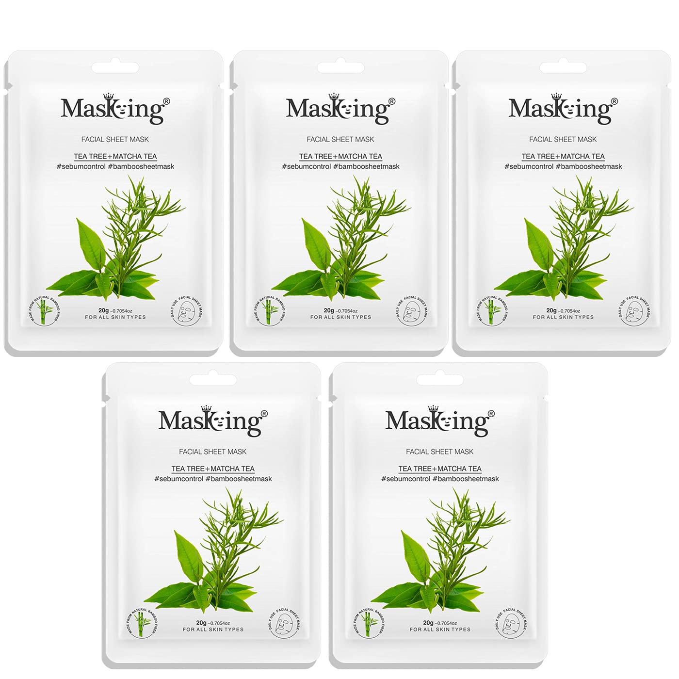 MasKing Bamboo Facial Sheet Mask of Tea Tree & Matcha Tea for Sebum Control Ideal for Women & Men, 20ml each (Pack of 5)