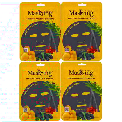 Masking Charcoal Bamboo Facial Sheet Mask Skin Detox and Cleansing Hibiscus Apricot & Charcoal Sheet Mask for Women Men 25ml Each Pack of 04