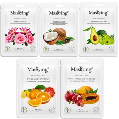 Masking Facial Sheet Mask of Pink Rose, Coffee, Gooseberry, Orange & Papaya Bamboo Sheet Based Ideal for Glowing skin Women Men (Combo Pack of 5)