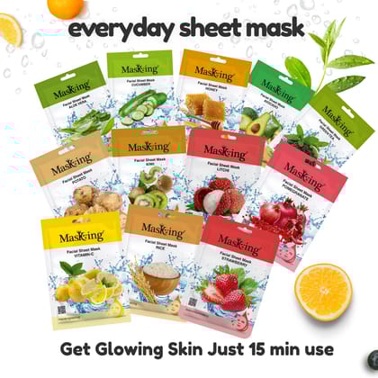MasKing Beauty Facial Sheet Mask| Natural Sheet Mask Ingredients | Ideal for Women & Men| Combo Pack of 12 (240ml)