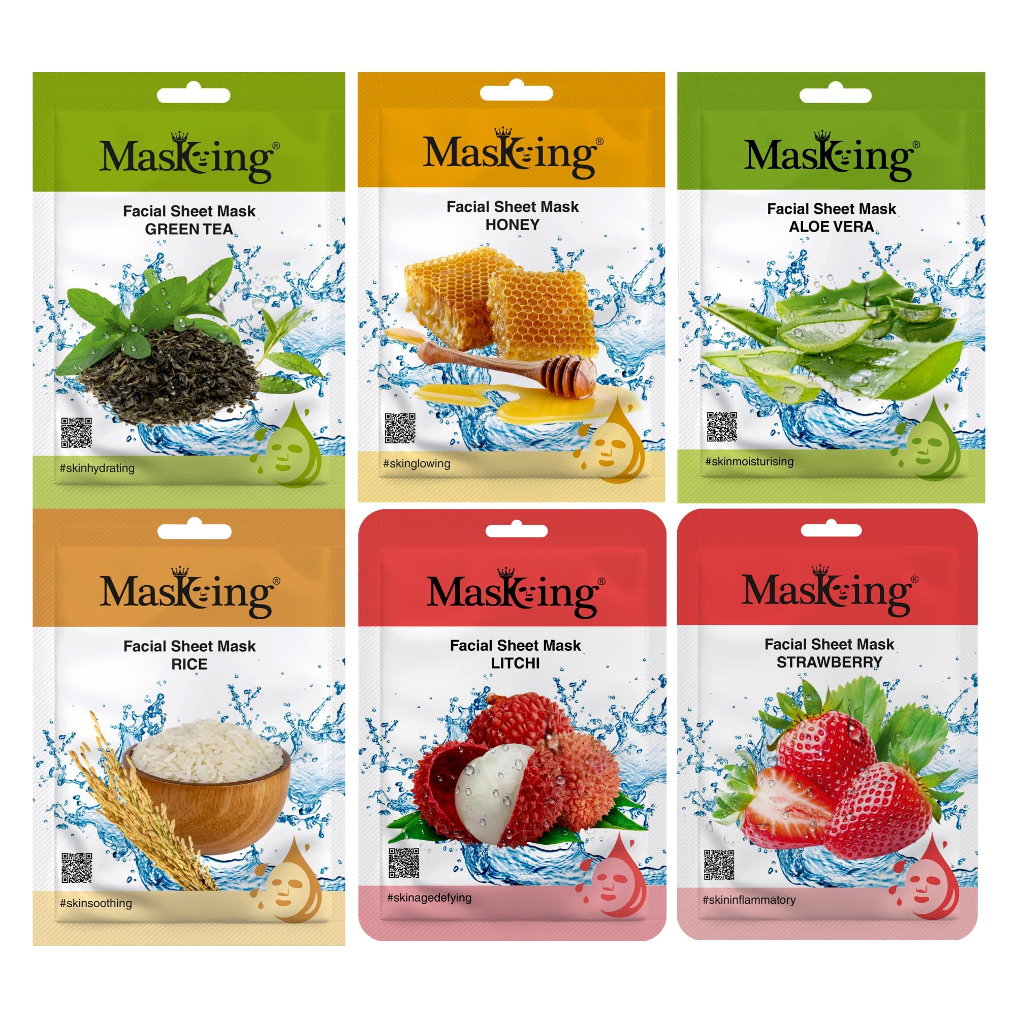 Masking Beauty Facial Sheet Mask for Skin Glowing, Brightening, Regeneration and Calming Face Sheet Mask with Real Extracts ideal for women & Men (Combo of 6 Pack)