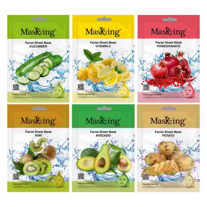 Masking facial sheet mask (Combo of 6 Pack) for Glowing, Oily, Nourishing, Brightening, Regeneration and Calming Face Sheet Mask with Real Extracts ideal for women & Men