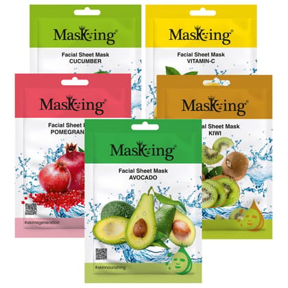 MasKing Beauty Facial Sheet Mask Cucumber, Lemon, Pomegranate, Kiwi & Avocado for Skin Glowing & Brightening for Women & Men 100ml (Combo Of 5)