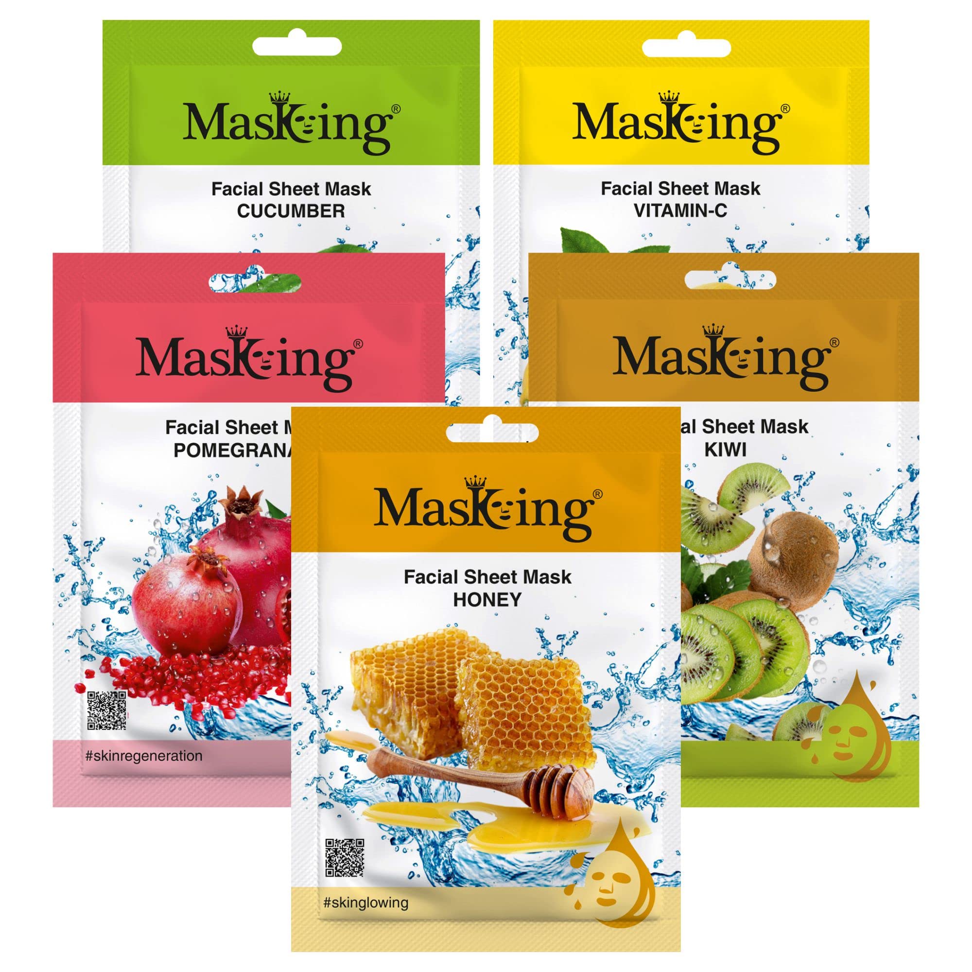 MasKing Beauty Facial Sheet Mask Cucumber, Lemon, Pomegranate, Kiwi & Honey for Skin Calming, Brightening, Regeneration, Lightening & Glowing for Women & Men, 100ml (Combo Of 5)