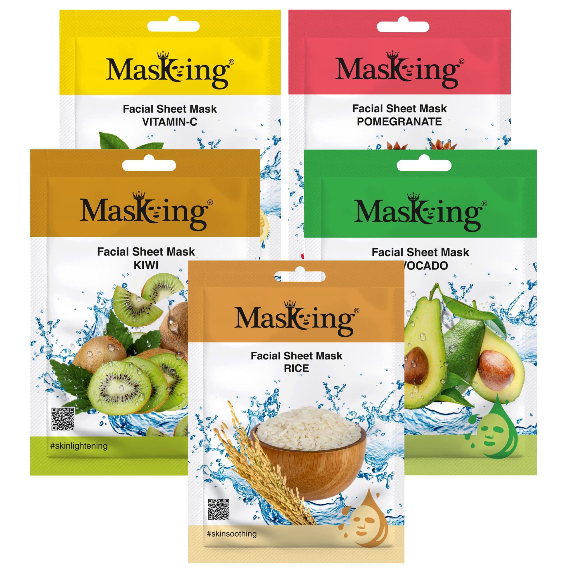 Masking Beauty face sheet mask | for Glowing skin Sheet Mask | Lemon, Kiwi, Avocado and Rice (20g each) Combo of 05