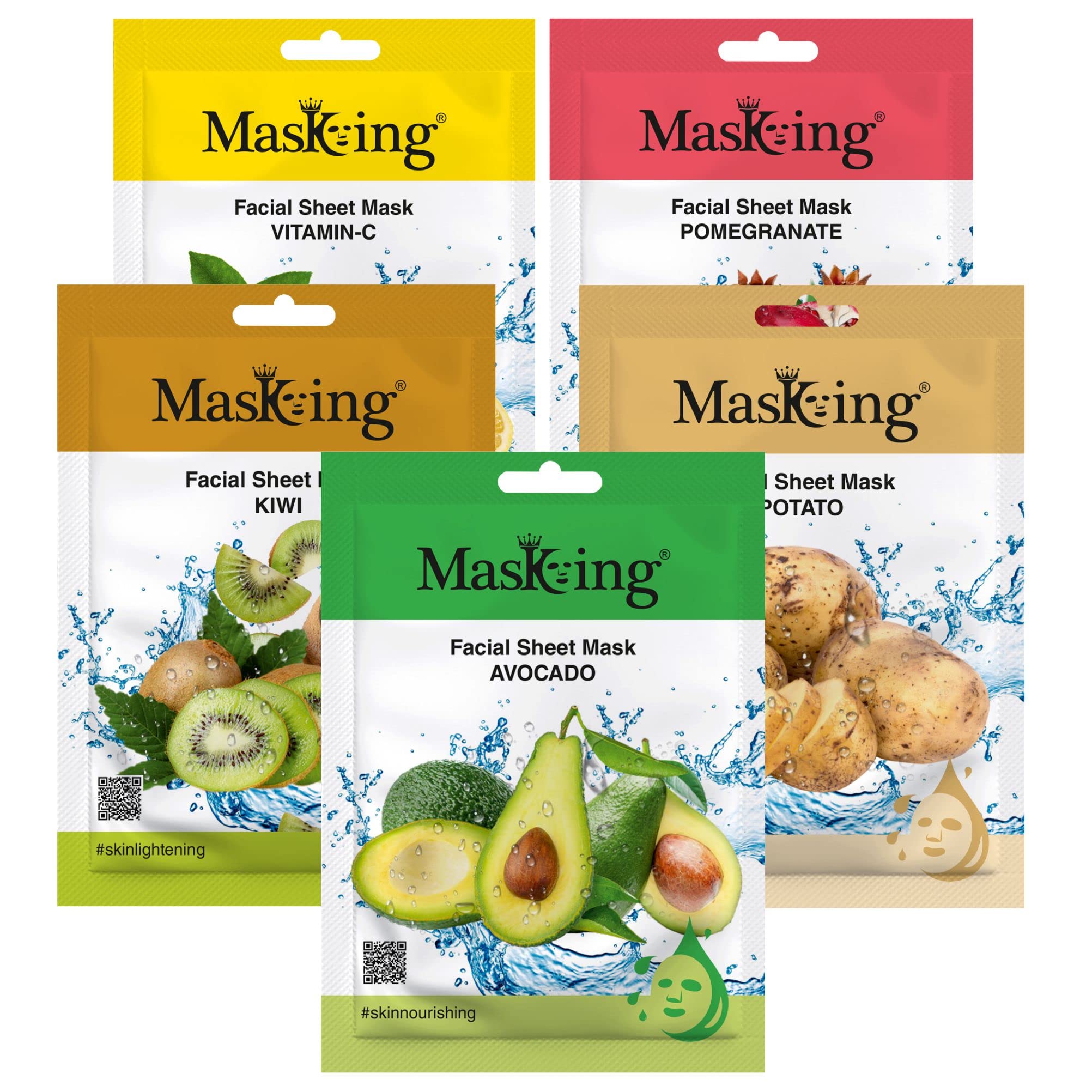 MasKing Beauty Facial Sheet Mask Lemon, Pomegranate, Kiwi, Avocado & Potato for Skin Brightening & Glowing for Women & Men, 100ml (Combo Of 5)