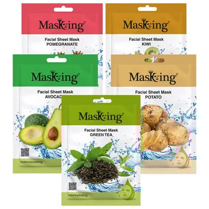 MasKing Beauty Facial Sheet Mask with Real Extract of Pomegranate, Kiwi, Avocado, Potato & Green Tea for Skin Regenerate, Lightening, Nourishing,Glowing & Hydrating for Women & Men, 100ml (Combo Of 5)