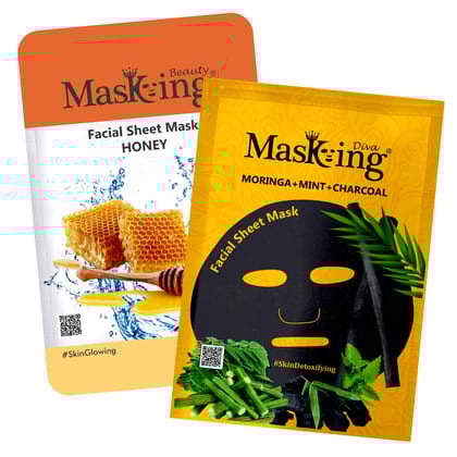 Masking Beauty Facial Sheet Mask of Honey for Skin Glowing 20ml (Pack Of 1) & Masking Diva Moringa, Mint & Charcoal Facial Sheet Mask for Skin Detoxifying 25ml (Pack Of 1) for Women & Men