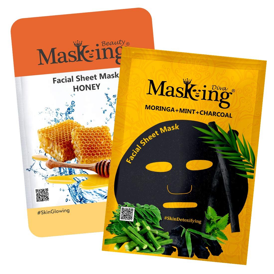 Masking Beauty Facial Sheet Mask of Honey for Skin Glowing 20ml (Pack Of 1) & Masking Diva Moringa, Mint & Charcoal Facial Sheet Mask for Skin Detoxifying 25ml (Pack Of 1) for Women & Men