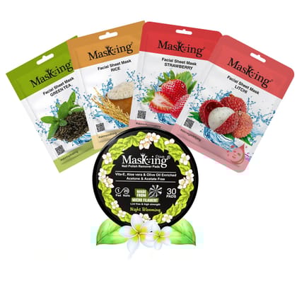 MasKing Beauty Facial Sheet Mask Green Tea, Rice, Strawberry & Litchi Ideal for Women & Men (Combo Pack of 4) | Diva Night Blooming Nail Polish Remover