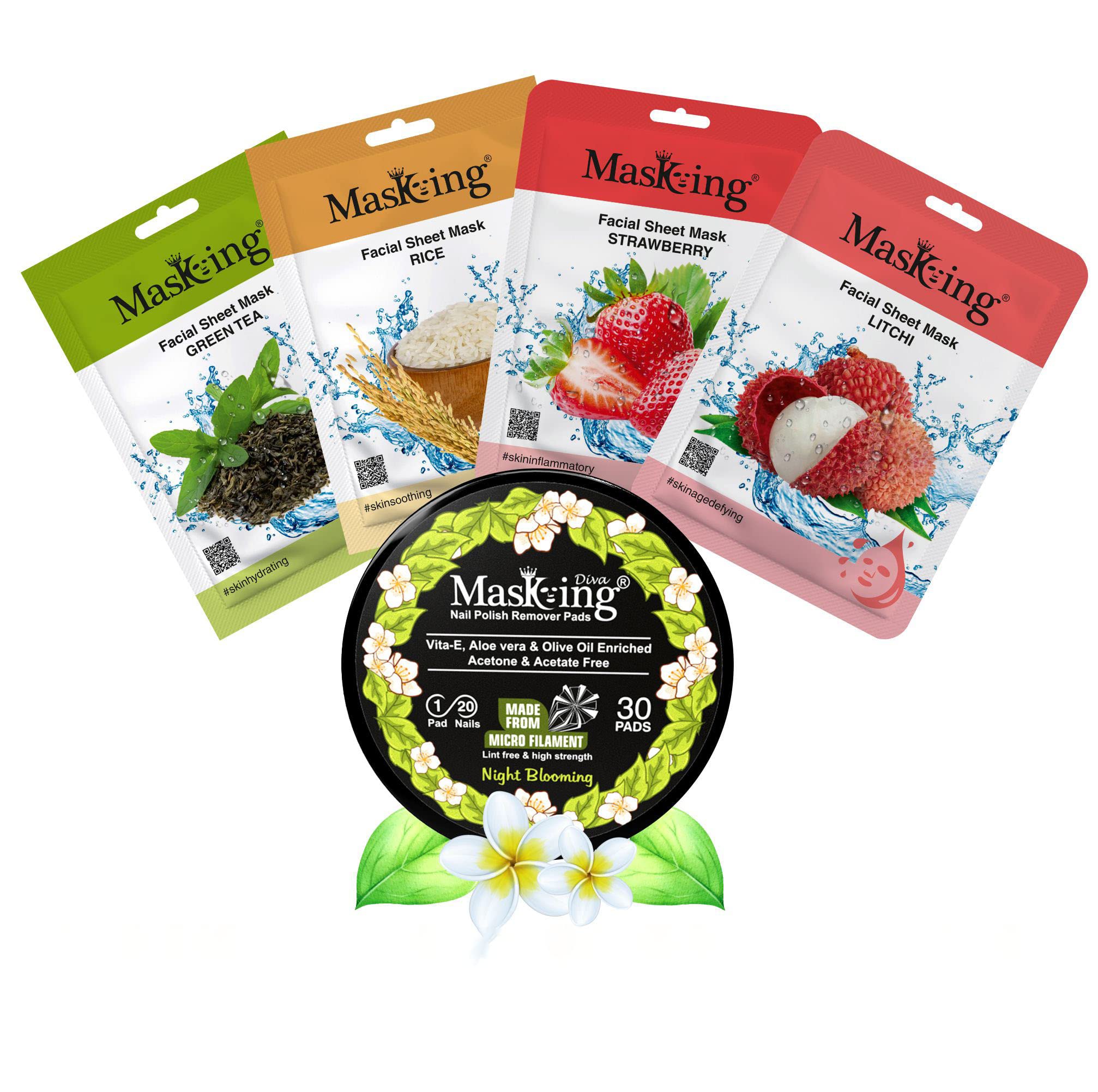 MasKing Beauty Facial Sheet Mask Green Tea, Rice, Strawberry & Litchi Ideal for Women & Men (Combo Pack of 4) | Diva Night Blooming Nail Polish Remover
