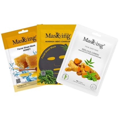 MasKing Beauty Facial Sheet Mask,|Natural Bamboo Fiber Sheet Mask, |Charcoal Sheet Mask, |Honey, Neem, Moringa & Mint|For Skin Detoxifying,|Combo Pack of 3 MasKing Beauty Facial Sheet Mask,|Natural Bamboo Fiber Sheet Mask, |Charcoal Sheet Mask, |Honey, Neem, Moringa & Mint|For Skin Detoxifying,|Combo Pack of 3