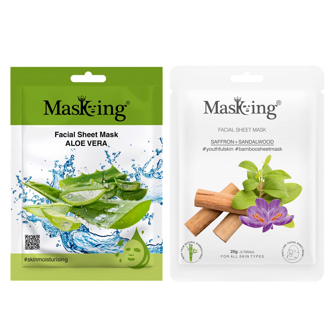 MasKing Beauty Facial Sheet Mask of Aloe Vera (20g) & Bamboo Facial Sheet Mask of Saffron & Sandalwood (20g) Ideal for Women & Men (Combo Pack of 2)