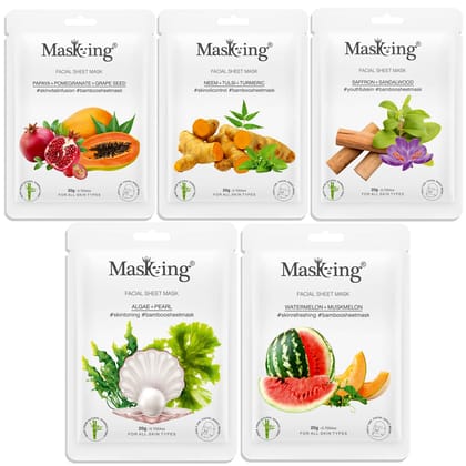 Masking Facial Sheet Mask of Papaya, Neem, Saffron, Algae & Watermelon Bamboo sheet Based Ideal for Glowing Skin Women Men (Combo Pack of 5) Masking Facial Sheet Mask of Papaya, Neem, Saffron, Algae & Watermelon Bamboo sheet Based Ideal for Glowing Skin Women Men (Combo Pack of 5)