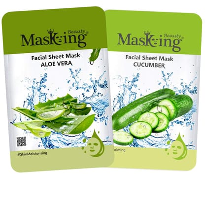 Masking Beauty Summer Facial Sheet Mask for Skin Moisturizing, Skin Lightening, Skin Nourishing, Calming, Fairness of Natural Serum (Aloe Vera and Cucumber) Suitable for Women & Men (Combo of 2)