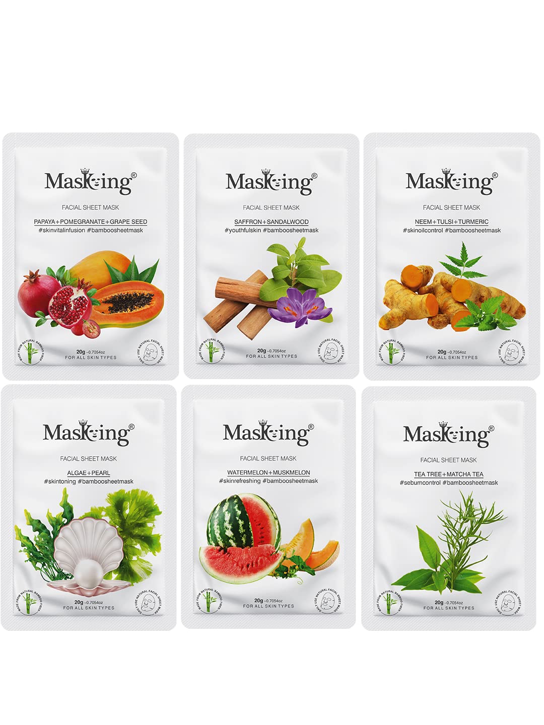Masking facial sheet Mask for Glowing skin & Moisturization; Bamboo Based Sheet Mask for Women Men Each 20g (Combo of 6)