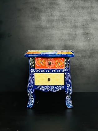 SHAMBHU HANDICRAFTS SMALL 2 DRAWER BEDSIDE (FOR BARBIE DOLL AND LADDU GOPAL WEARS STORAGE / MULTIPURPOSE BEDSIDE ) | Chest of Drawer for Living Room | Traditional Side Table with Storage | Handpainted (Multicolor)