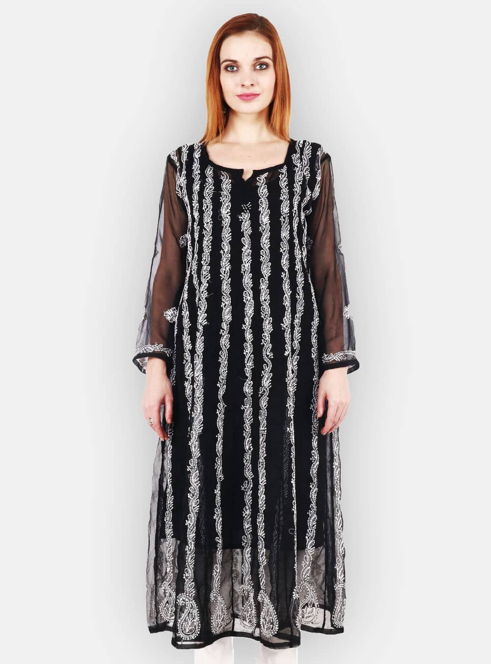 Women’s Lucknow pure gorgette Chikankari long length sky black color with hand embroidery Kurti