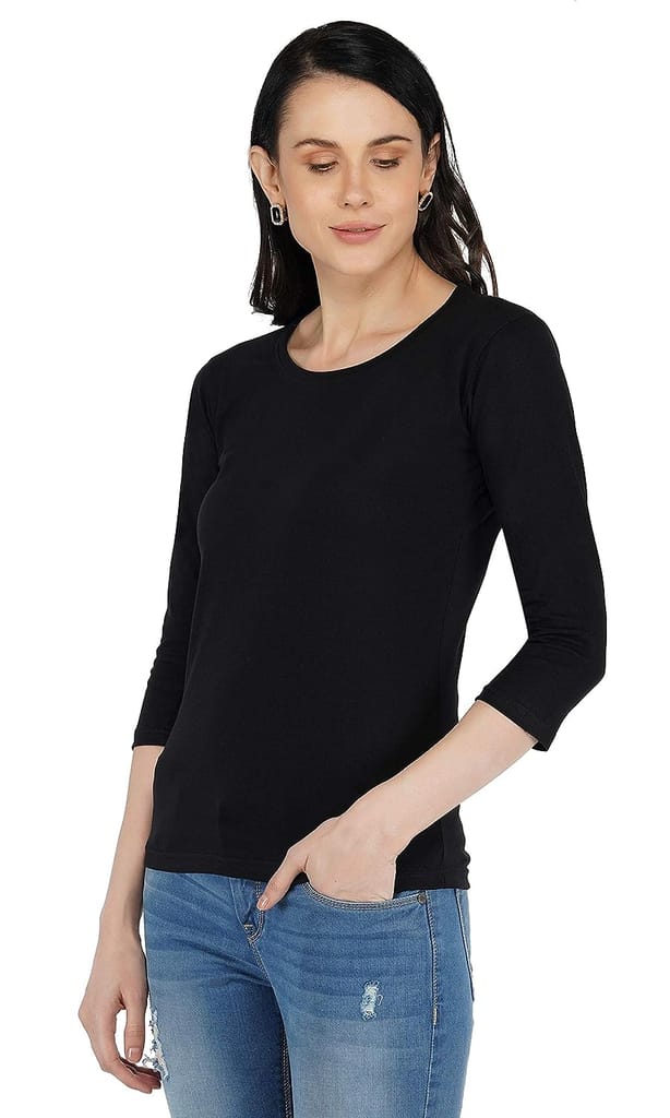 Regular Fit Round Neck 3/4th Sleeve T-Shirt for Women