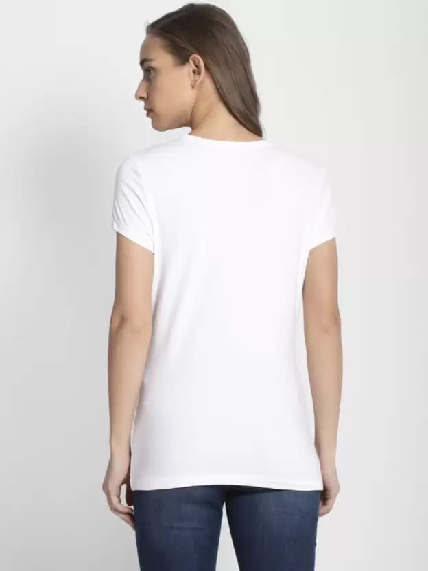 Women Printed Round Neck Cotton Blend White T-Shirt