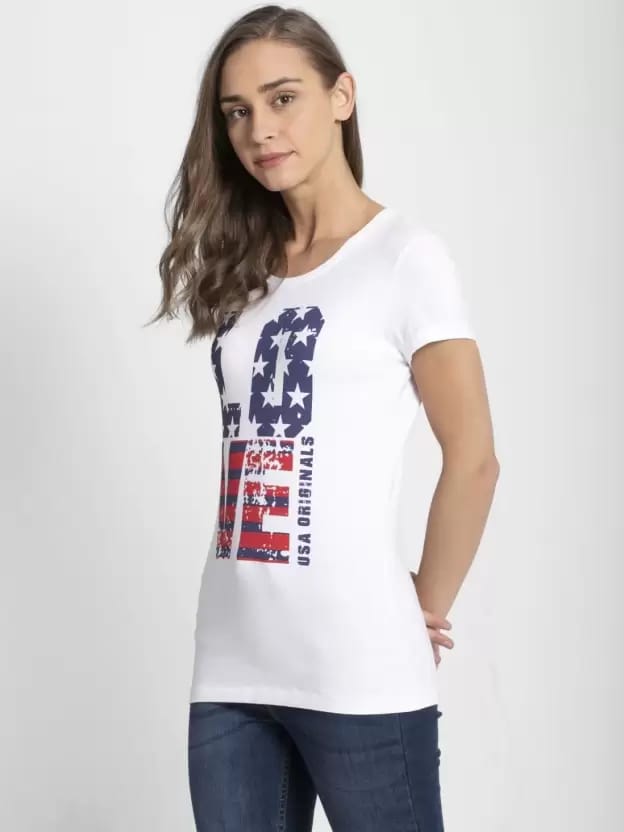 Women Printed Round Neck Cotton Blend White T-Shirt